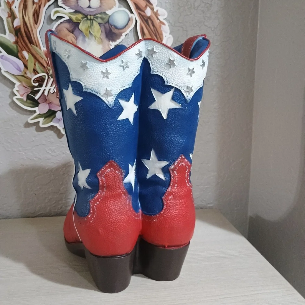 12" Patriotic Cowboy Boots Planter Pot Vase 4th July USA Memorial Day New - Picture 6 of 6